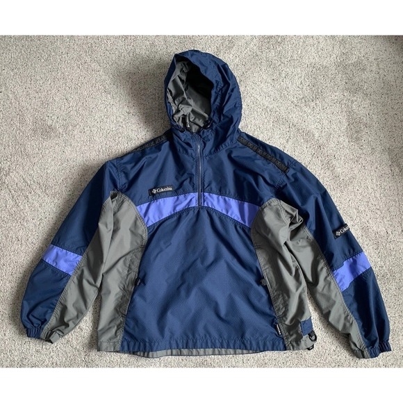 Columbia Women's Jacket Blue Grey Vented Hooded 1/4 Zip‎ Packable Lightweight XL - Picture 1 of 7